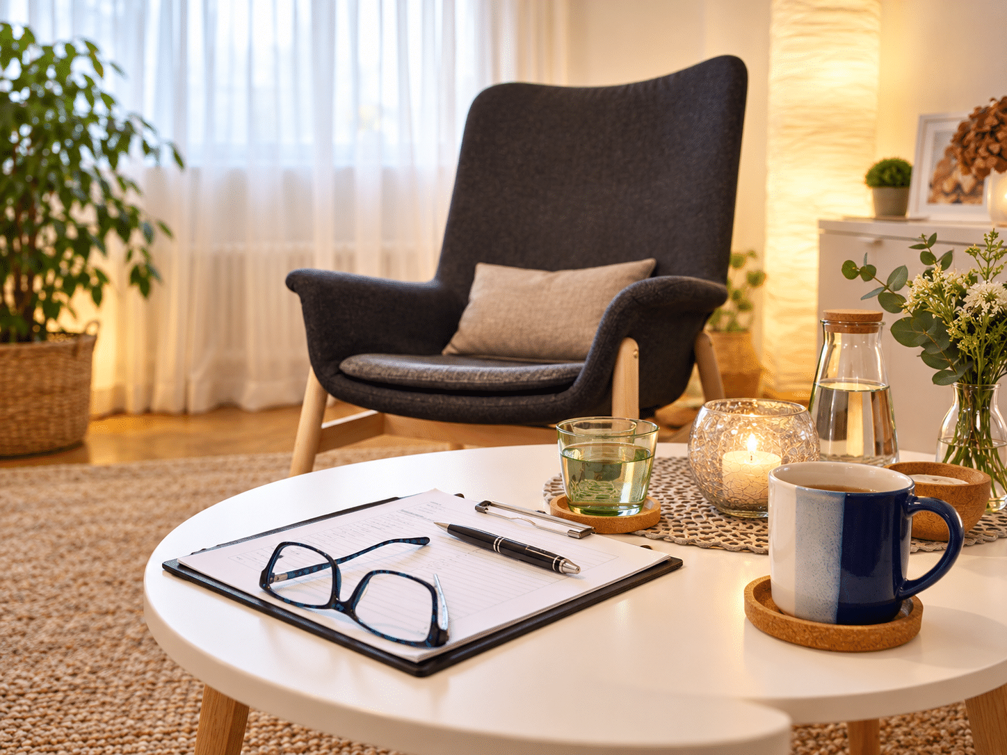 Behagliche Beratungsecke mit Tee und Kerzenlicht (1)